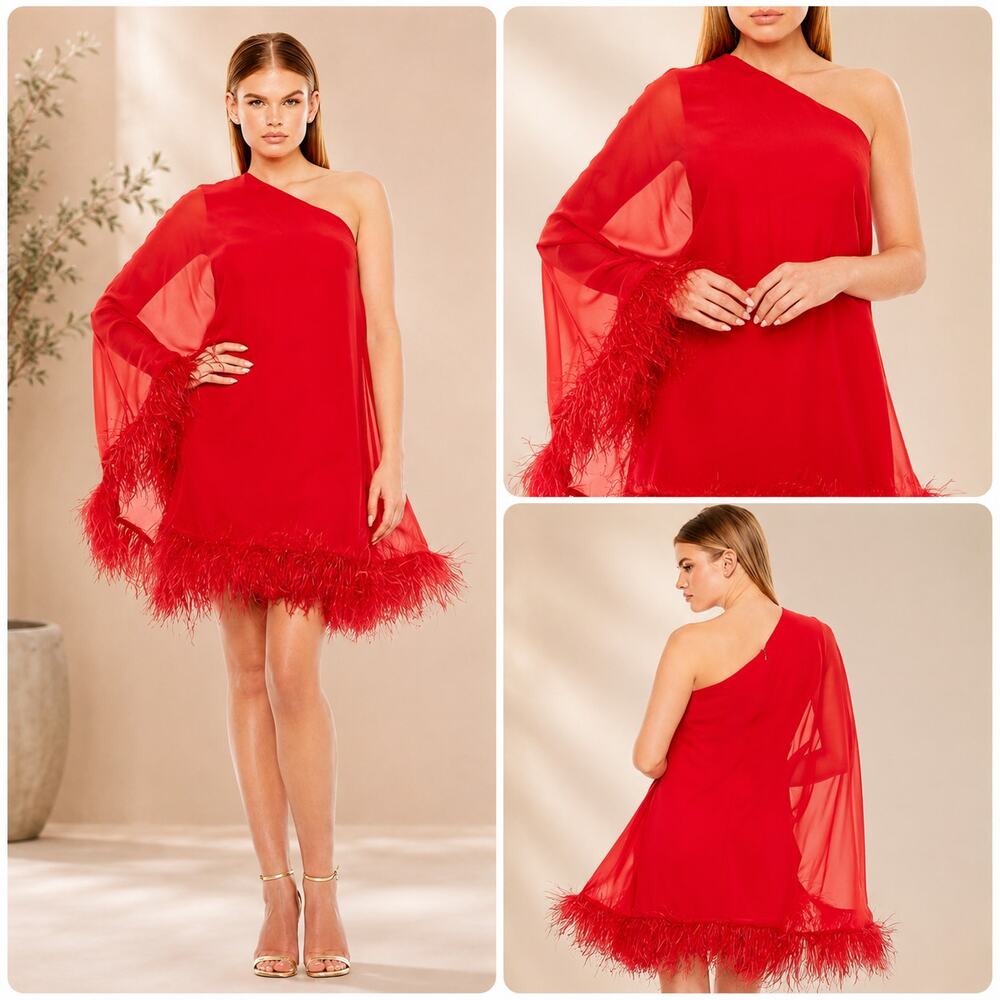 Mac Duggal One Shoulder Trapeze Mini Dress Feather Trim Red 11623 size 10